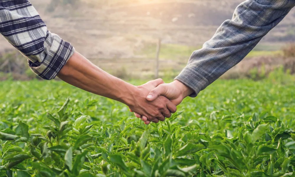 two men shaking hands showing farmers trust