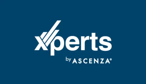 logotype of xperts by ascenza in white, in a blue background