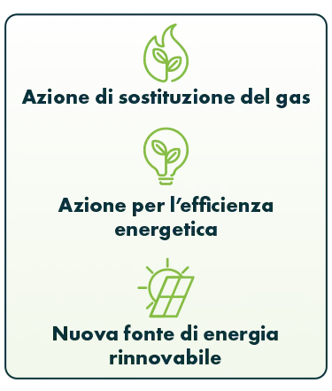 Net Zero: Azione di sostituzione del gas Azione per l’efficienza energetica Nuova fonte di energia rinnovabile